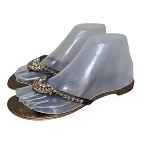 Giuseppe Zanotti Jeweled Sandals Black Leather Thong Slides Women's 37 US 7
